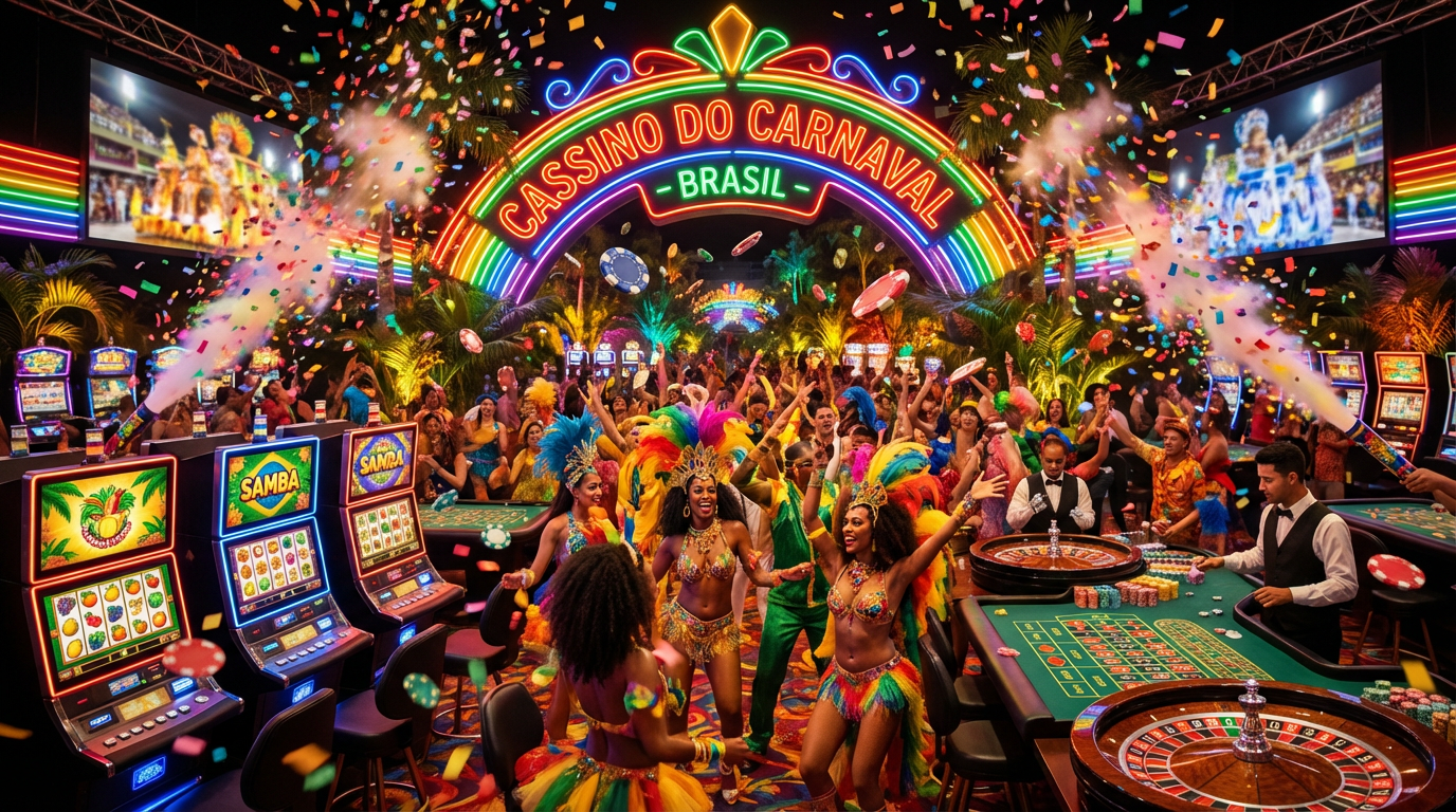 Cassino online zzwin com atmosfera festiva de carnaval brasileiro, luzes coloridas e jogadores celebrando